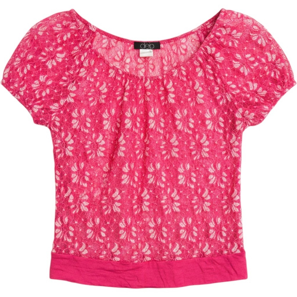Deb Lace Blouse Womens L Pink Floral Sheer Cap Sleeve Banded Hem Top